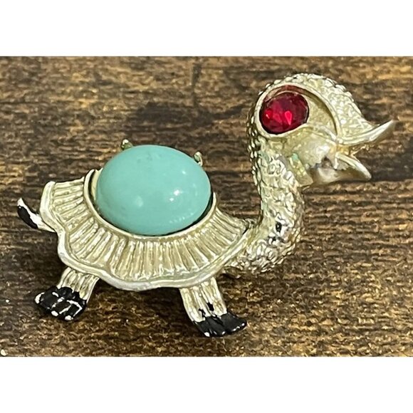 Vintage TURTLE BROOCH Pin Tortoise Rhinestone Cabochon Enamel Costume Jewelry - Picture 2 of 11